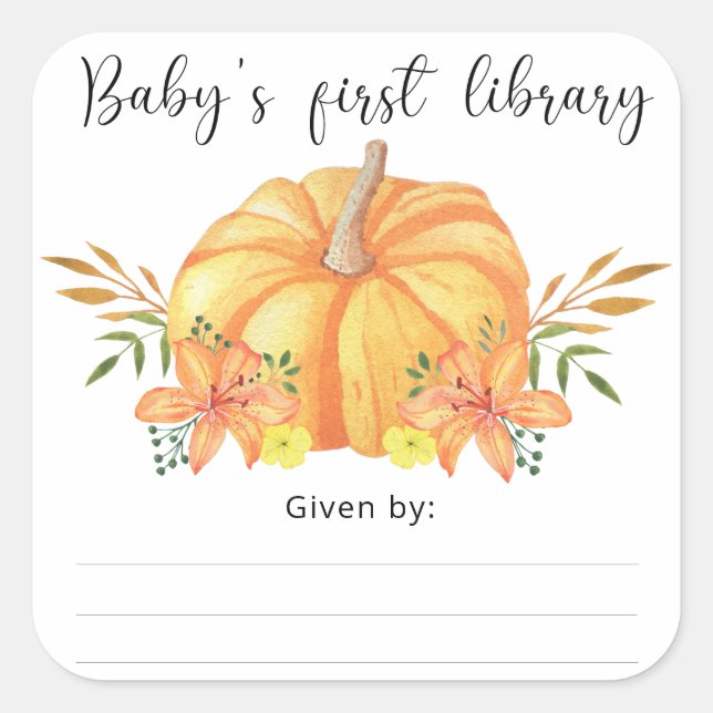 Aquarellorange Pumpkin - Die erste Bibliothek des  Quadratischer Aufkleber (Vorderseite)