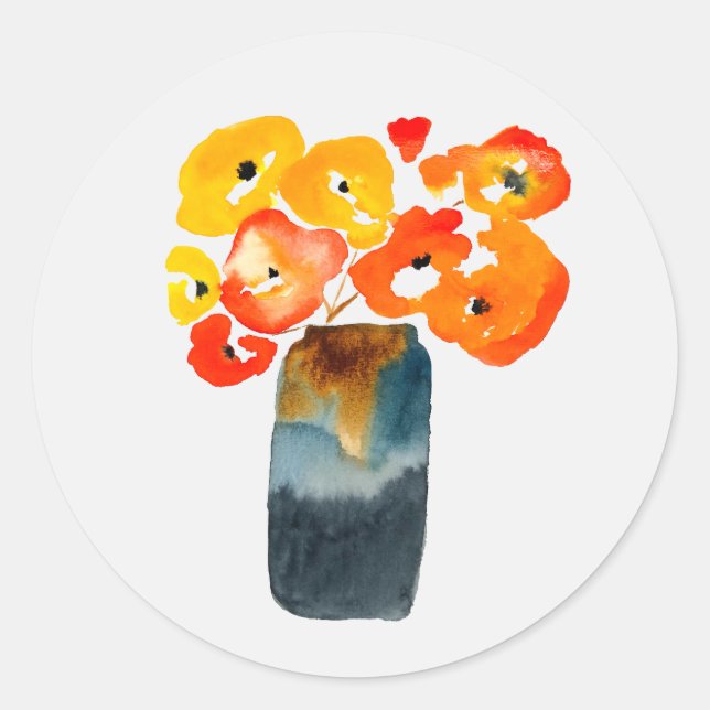 Aquarellorange und rote Mohnblumen Runder Aufkleber (Vorderseite)