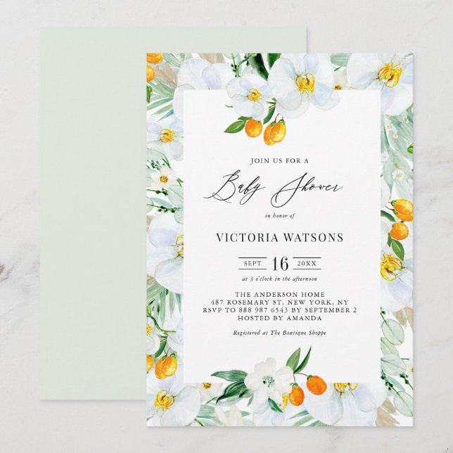 Aquarellorchids und Kumquats Summer Baby Dusche Einladung (Vorne/Hinten)