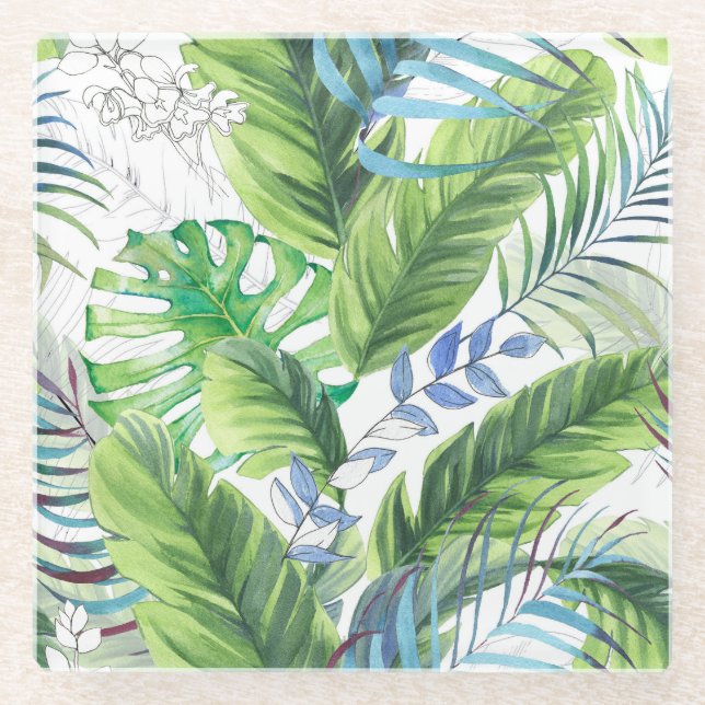 Aquarellpalme-Blätter, exotischer nahtloser Hinter Glasuntersetzer (Vorderseite)