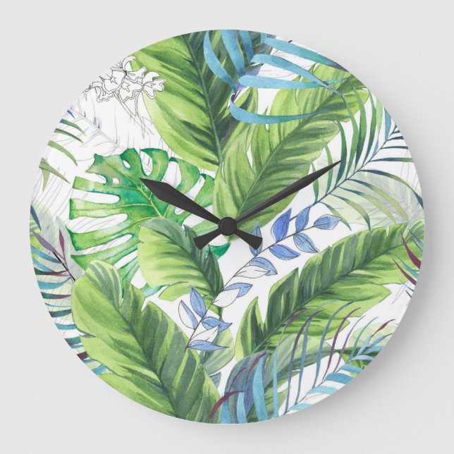 Aquarellpalme-Blätter, exotischer nahtloser Hinter Große Wanduhr (Vorderseite)