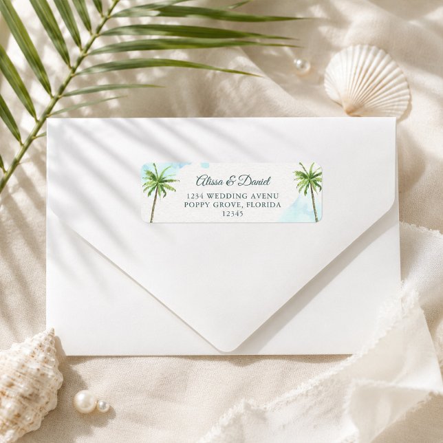 Aquarellpalme Tree Beach Rücksendeadresse (Watercolor Palm Trees Beach Return Address Label)