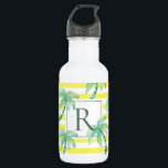Aquarellpalme und gelb gestreifte Monogramm Edelstahlflasche<br><div class="desc">Sommerpalmen und Streifen Muster mit Monogramm Flasche.</div>