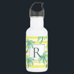 Aquarellpalme und gelb gestreifte Monogramm Edelstahlflasche<br><div class="desc">Sommerpalmen und Streifen Muster mit Monogramm Flasche.</div>