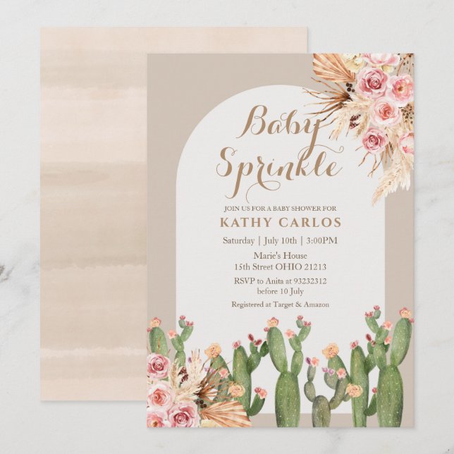 Aquarellpampas gras und Cactus Baby Sprinkle Einladung (Vorne/Hinten)