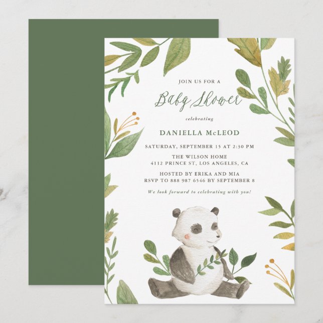 Aquarellpanda mit Foliage Wreath Babydusche Einladung (Vorne/Hinten)