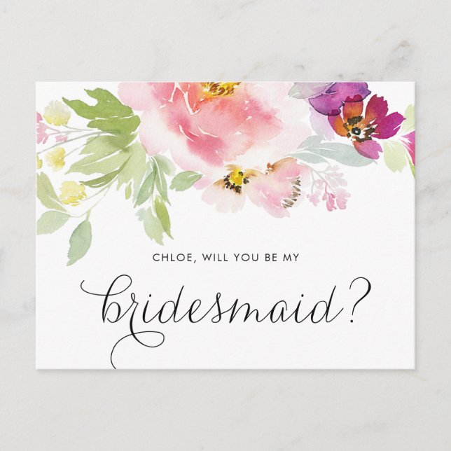 Aquarellpastellblume wird meine Brautjungfrau sein Einladungspostkarte (Vorderseite)
