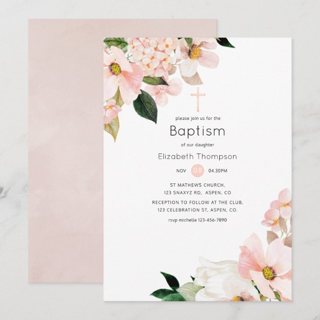 Aquarellpastellfarben Blush Pink Bloral Taufe Einladung (Vorne/Hinten)