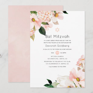 Aquarellpastellfarben Blush Pink Floral Bat Mitzva Einladung