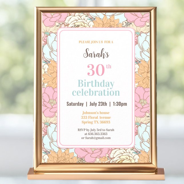 Aquarellpastellfarben Blütenrosa 30. Geburtstag Einladung (Watercolor Pastel Floral Pink 30th Birthday Invitation)