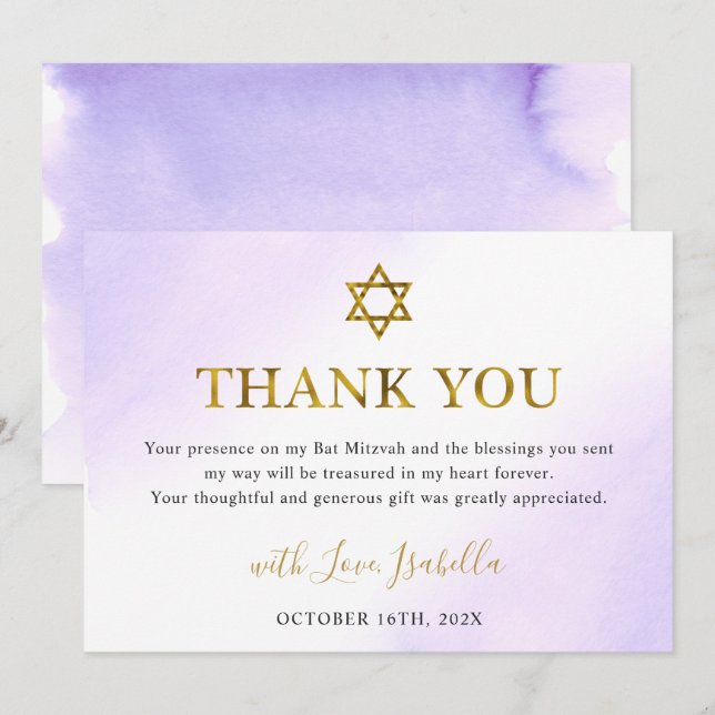 Aquarellpastellfarben Lila Gold Bat Mitzvah Dankeskarte (Vorne/Hinten)