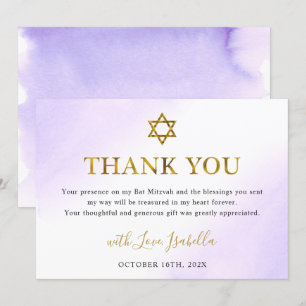 Aquarellpastellfarben Lila Gold Bat Mitzvah Dankeskarte