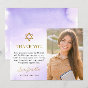 Aquarellpastellfarben Lila Gold Bat Mitzvah Foto Dankeskarte