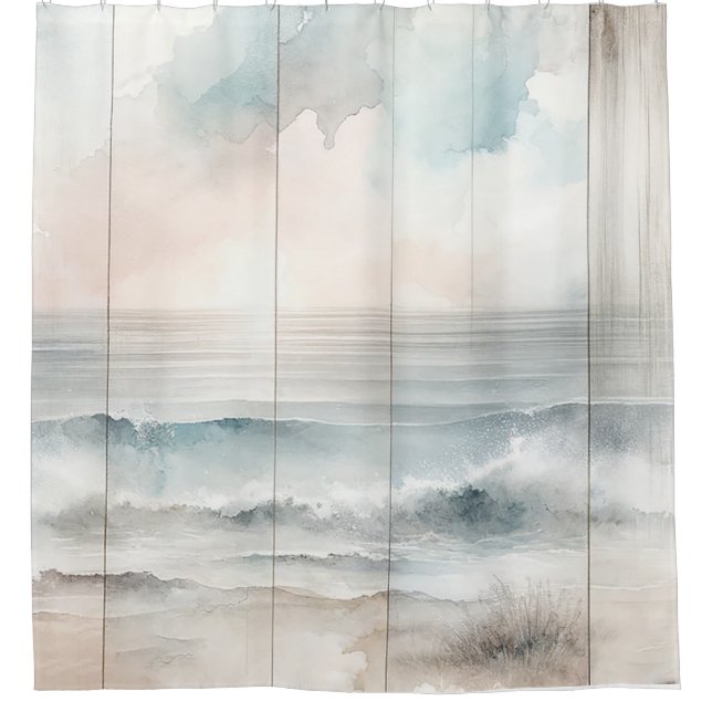 Aquarellpastellfarben Ozean Rustikale Holztextur Duschvorhang (Vorderseite)