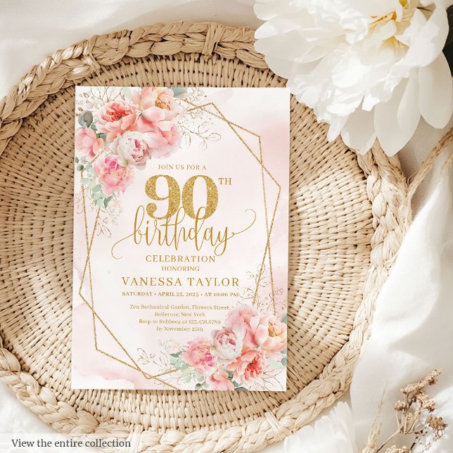 Aquarellpastellfarben Pink Gold Floral 90. Einladu Einladung (Watercolor Pastel Pink Gold Floral 90th Invitation)
