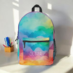 Aquarellpastellfarben Rainbow Clouds Monogram Bedruckter Rucksack<br><div class="desc">Brillen Sie den Tag Ihres Kindes mit dem farbenfrohen, pastellfarbenen Regenbogenwolken-Monogram-bedruckten Rucksack. Dieser bezaubernde Rucksack ist mit einem wunderschönen, pastellfarbenen Regenbogendesign mit flauschigen Wolken ausgestattet, das mit dem Monogramm Ihres Kindes für eine persönliche Touch angepasst werden kann. Es ist aus langlebigen Materialien gefertigt und verfügt über geräumige Fächer und robuste...</div>