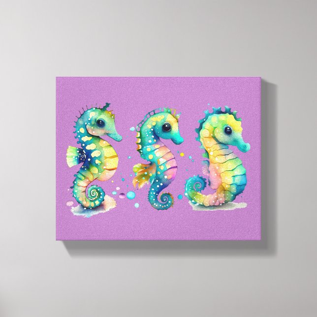Aquarellpastellfarben Rainbow-Seepferde Leinwanddruck (Vorderseite)