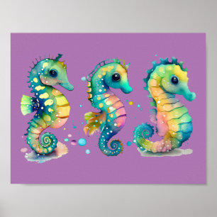 Aquarellpastellfarben Rainbow-Seepferde Poster