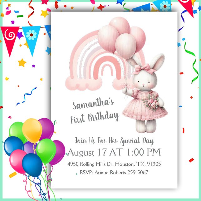 Aquarellpastellfarben Regenbogen und Girl Bunny Ge Einladung (Von Creator hochgeladen)