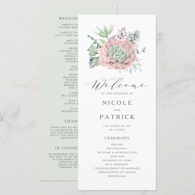 Aquarellpastellfarben Succulents Bouquet Wedding Programm (Vorne/Hinten)