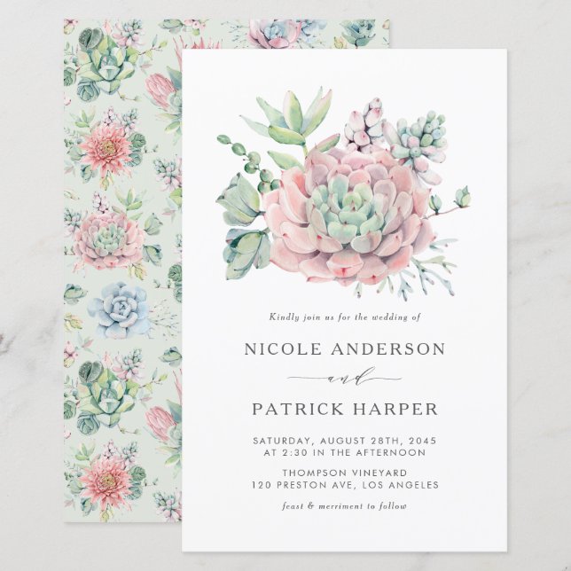 Aquarellpastellfarben Succulents Hochzeit Einladun (Vorne/Hinten)