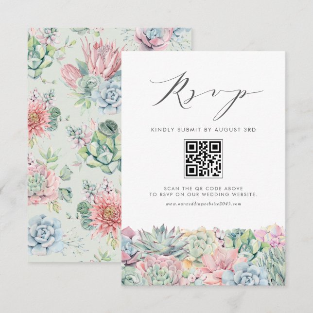 Aquarellpastellfarben - Succulents Wedding QR Code RSVP Karte (Vorne/Hinten)