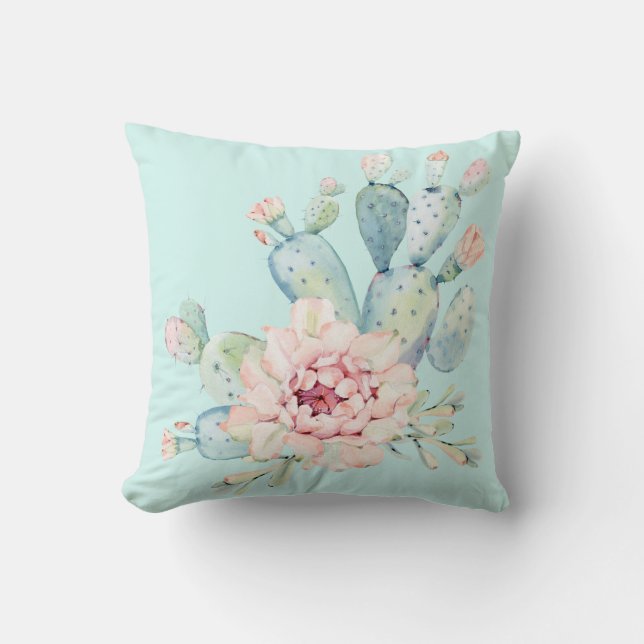 Aquarellpastellkaktus und rosa Blume Kissen (Vorderseite)