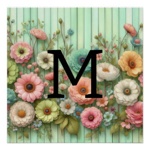 Aquarellpasten mit Monogramm, Blume auf grünem Hol Poster