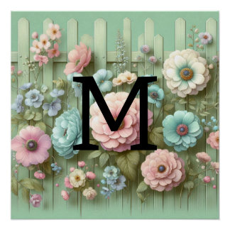 Aquarellpasten mit Monogramm, Blume auf grünem Hol Poster