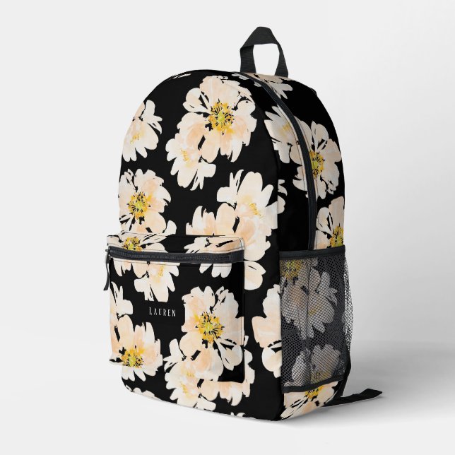 Aquarellpeere Blume auf schwarzen Blumenmustern Bedruckter Rucksack (Rückseitige Ecke Rechts)