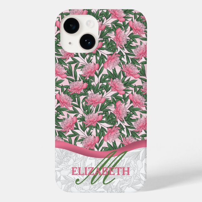 Aquarellpeonys Blumenmuster Pink Monogramm Case-Mate iPhone 14 Hülle (Rückseite)