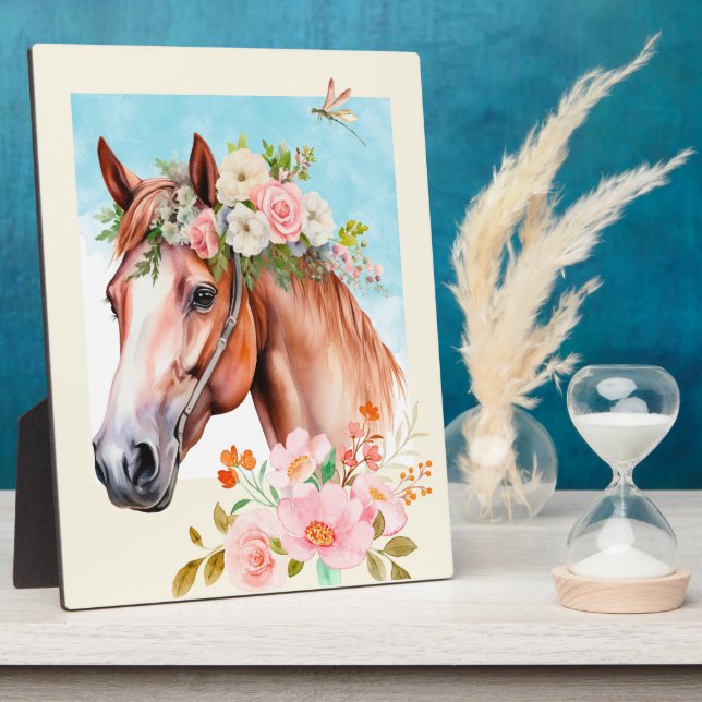 Aquarellpferd und Blume Fotoplatte (Seite)