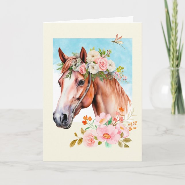 Aquarellpferd und Blume Gruß Karte (Vorderseite)
