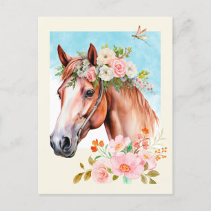 Aquarellpferd und Blume Postkarte