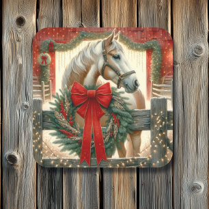 Aquarellpferd und festlicher Bauernhof Weihnachten Quadratischer Aufkleber