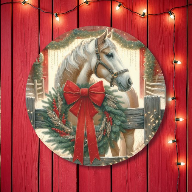 Aquarellpferd und festlicher Bauernhof Weihnachten Runder Aufkleber (Von Creator hochgeladen)