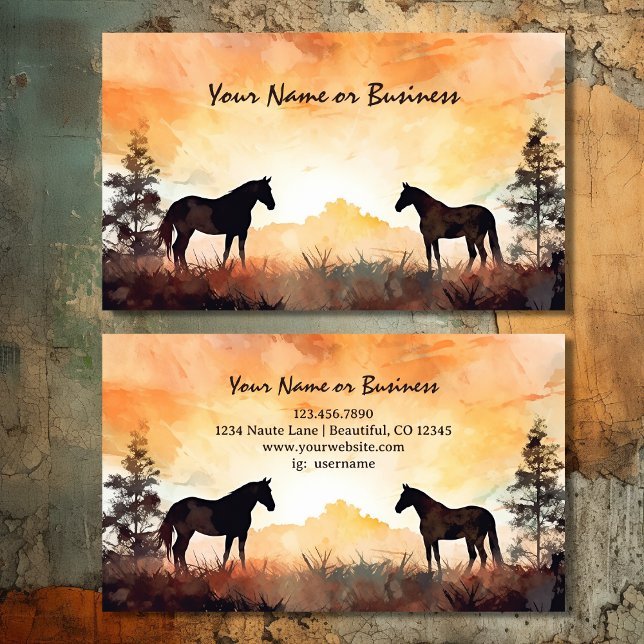 Aquarellpferde | Schönes Pferd Visitenkarte (Front and Back - Beautiful Watercolor Silhouette Horses in Field Business Card)