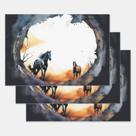 Aquarellpferde und Sonnenuntergang Silhouette Geschenkpapier Set