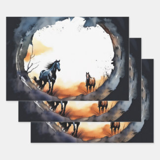Aquarellpferde und Sonnenuntergang Silhouette Geschenkpapier Set