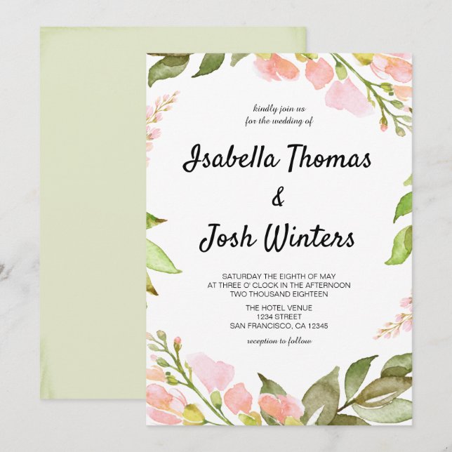 Aquarellpfirsich Pink Floral Rustikale Boho Hochze Einladung (Vorne/Hinten)