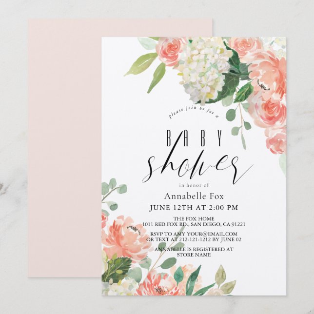 Aquarellpfirsich Rose & Hydrangea Babydusche Einladung (Vorne/Hinten)