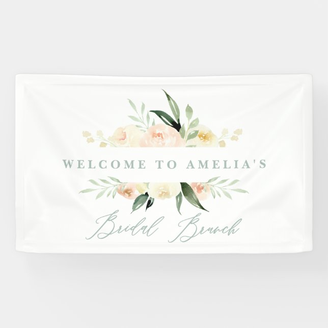 Aquarellpfirsich und grüner Blumenbrunch Banner (Horizontal)
