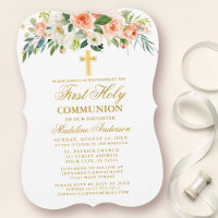 Aquarellpfirsich Weiße Flora Gold Erstkommunion