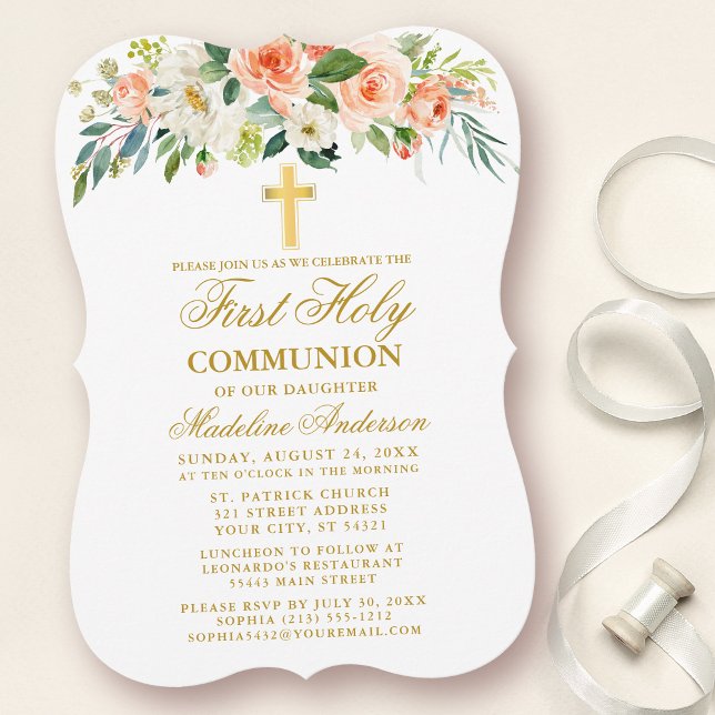 Aquarellpfirsich Weiße Flora Gold Erstkommunion Einladung (Customize to change text size, style, color or to add more text or photos to back of card.)