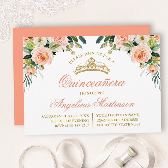 Aquarellpfirsich Weißes Party Quinceanera Einladung (Customize to change text color, style, add text & photos to back or change color of back of card.)