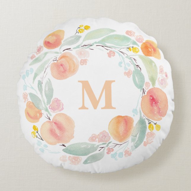 Aquarellpfirsiche Folienkreath Monogramm Rundes Kissen (Vorderseite)