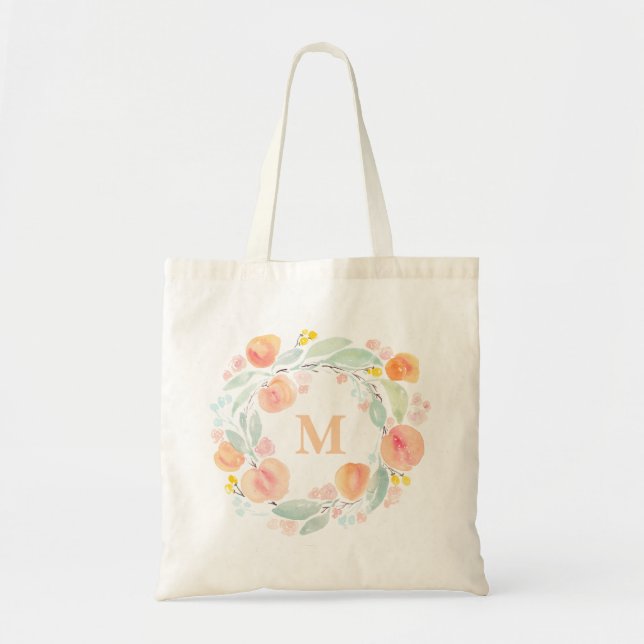 Aquarellpfirsiche Folienkreath Monogramm Tragetasche (Vorne)