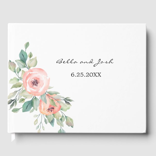Aquarellpfirsiche Rose Blumenhochzeit Gästebuch (Vorderseite)