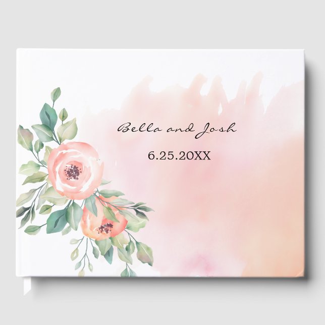 Aquarellpfirsiche Rose Blumenhochzeit Gästebuch (Vorderseite)