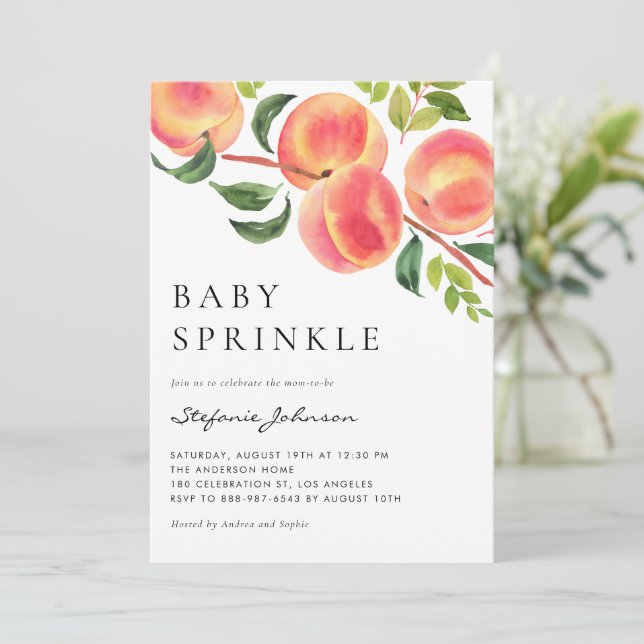 Aquarellpfirsiche Summer Baby Sprinkle Einladung (Stehend Vorderseite)